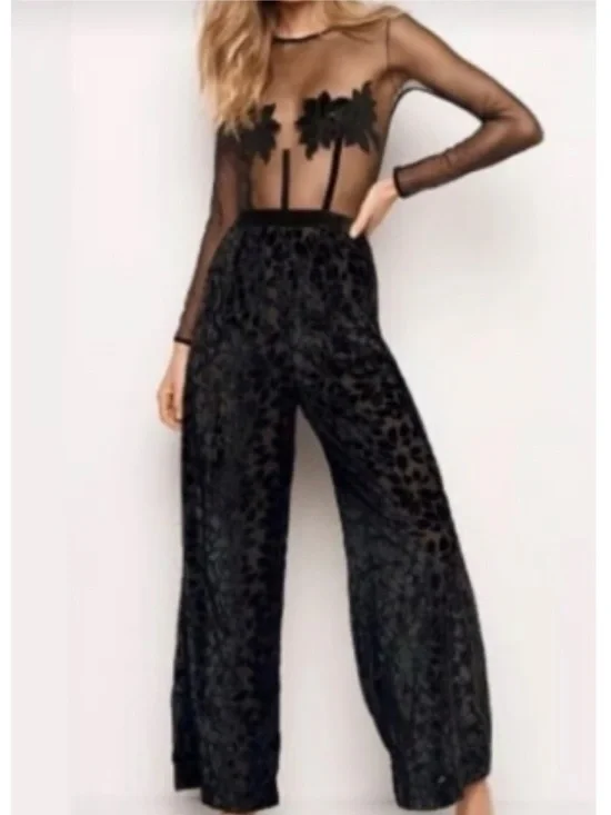Victoria's Secret Black Sheer Bodice Floral Applique Velvet Jumpsuit - Picture 8 of 8